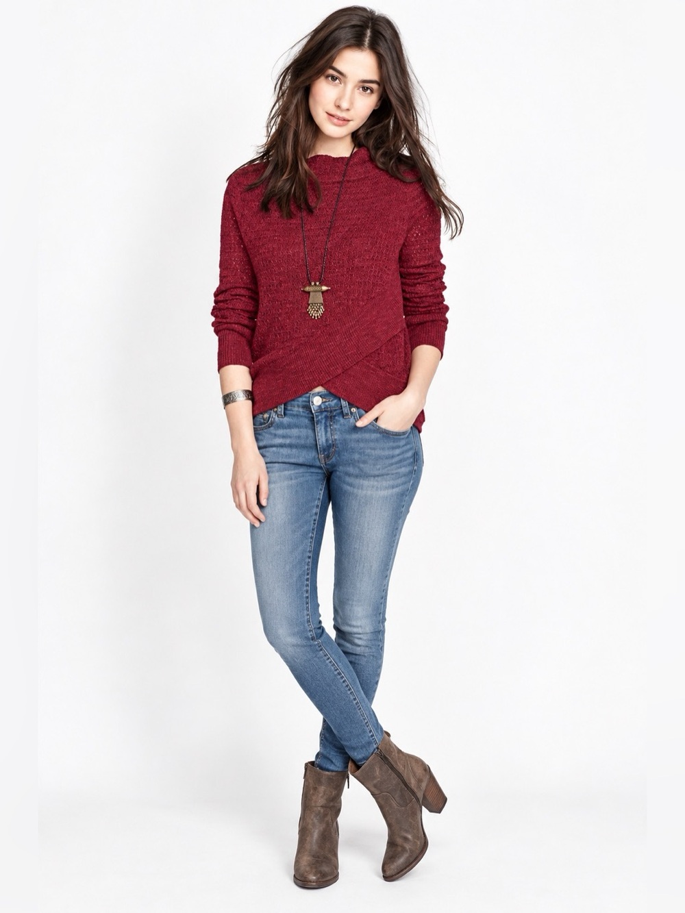 Free People Crossover Mockneck Linen Blend Sweater Burgundy Women Size L